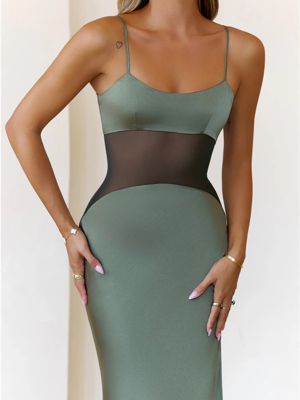 Hello Molly Olive Satin Maxi Dress with Black Mesh Waistband - Picture 4 of 6
